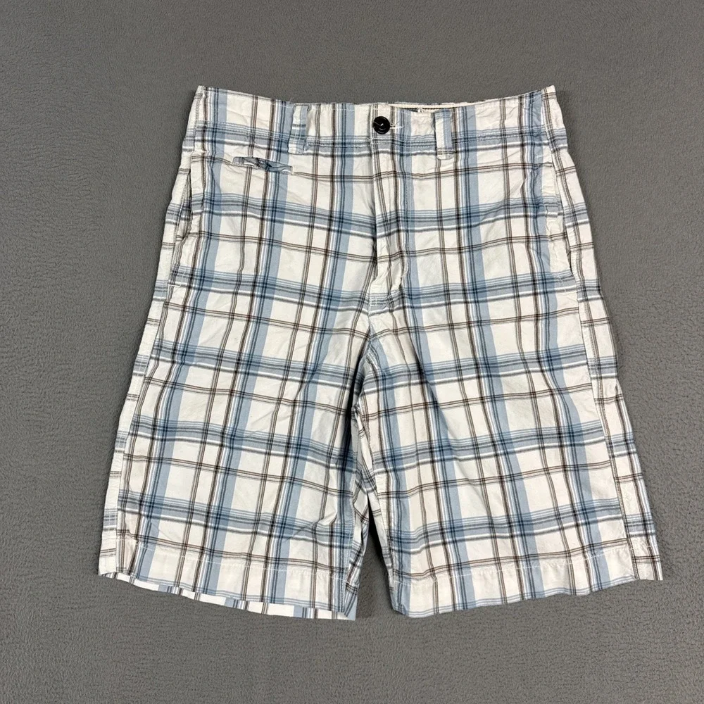 American Eagle Shorts Mens 32 White Blue Plaid Longer Length Cotton Vintage Y2K